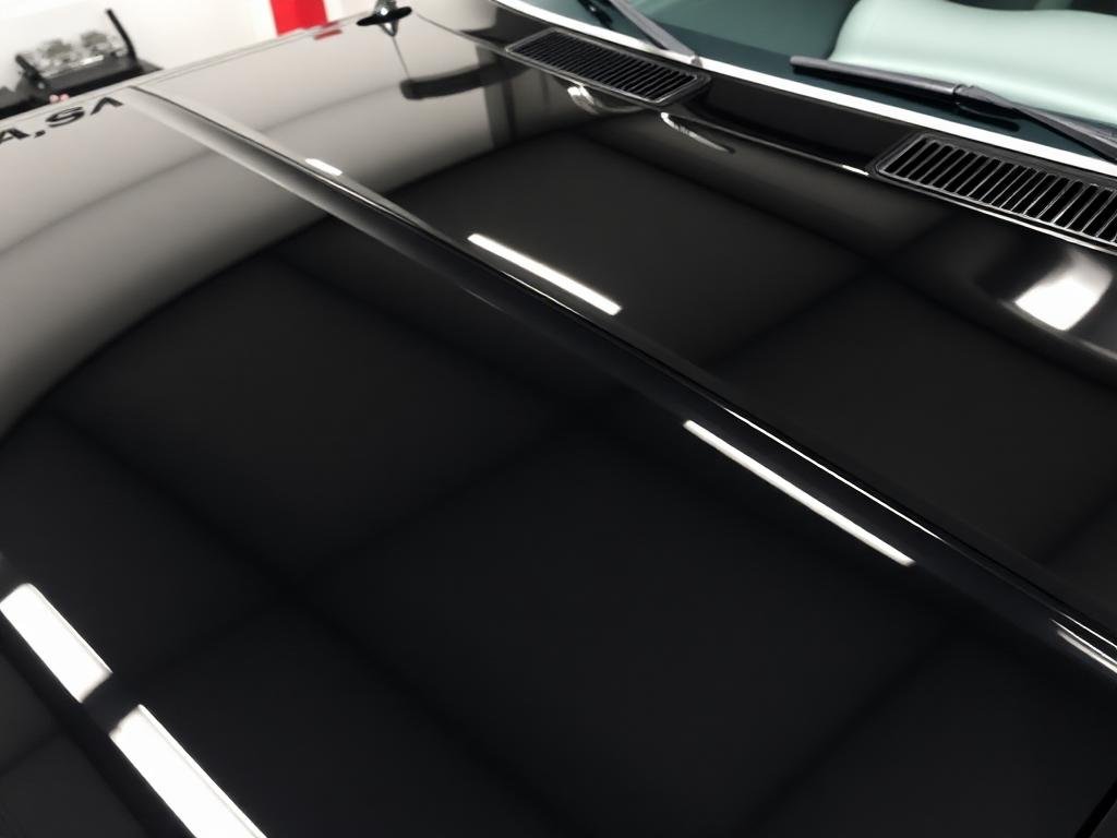 Vehicle hood after paintless dent repair — flawless factory finish restored