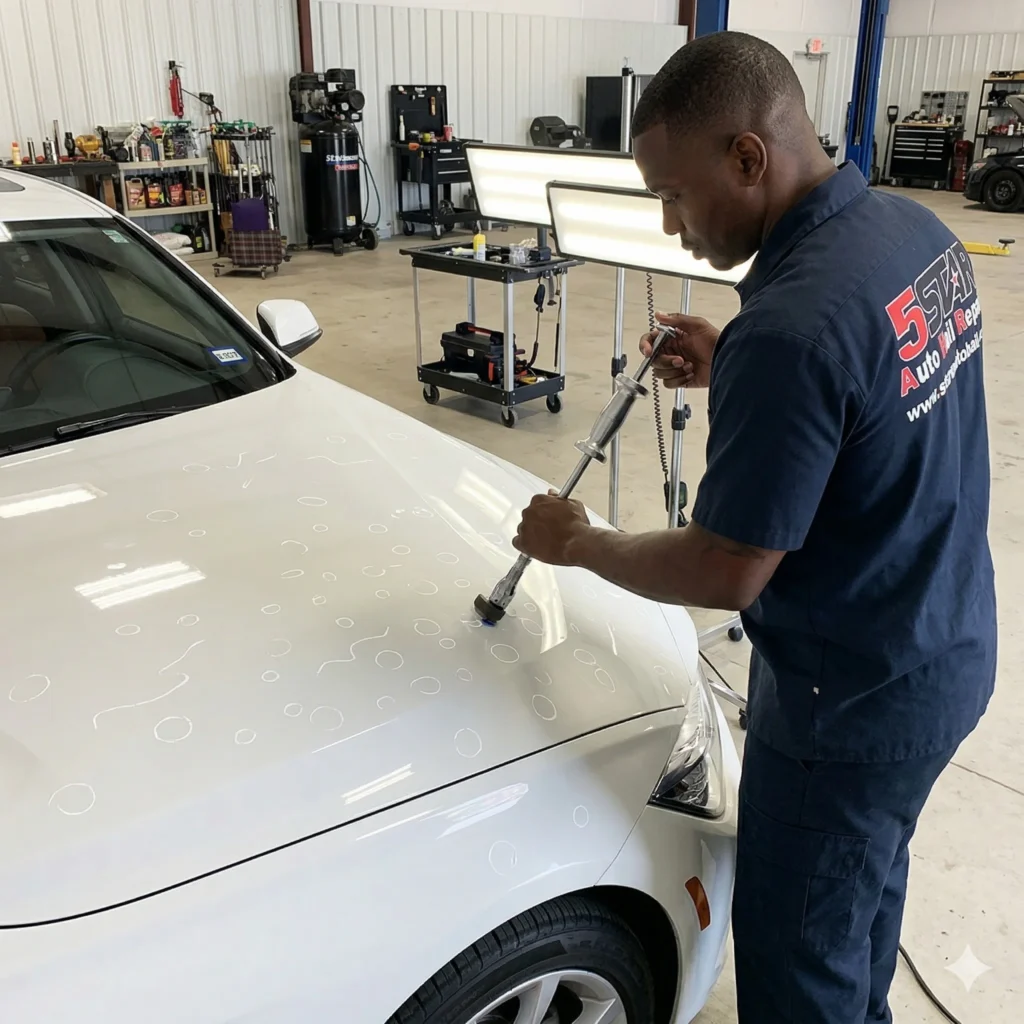A certified technician fixing dents on a white car representing auto hail damage repair in San Antonio