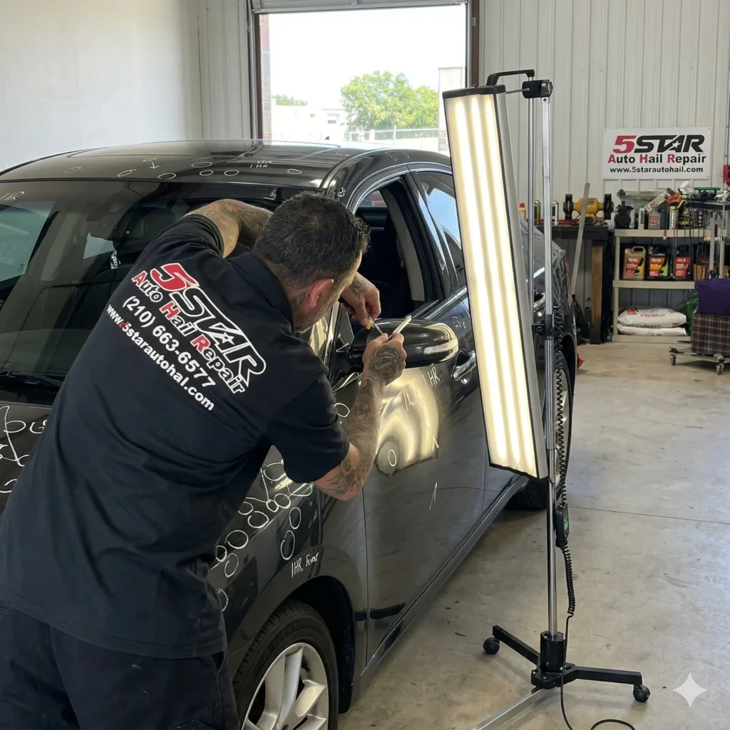 A certified technician repairing a hail damage car representing PDR in San Antonio