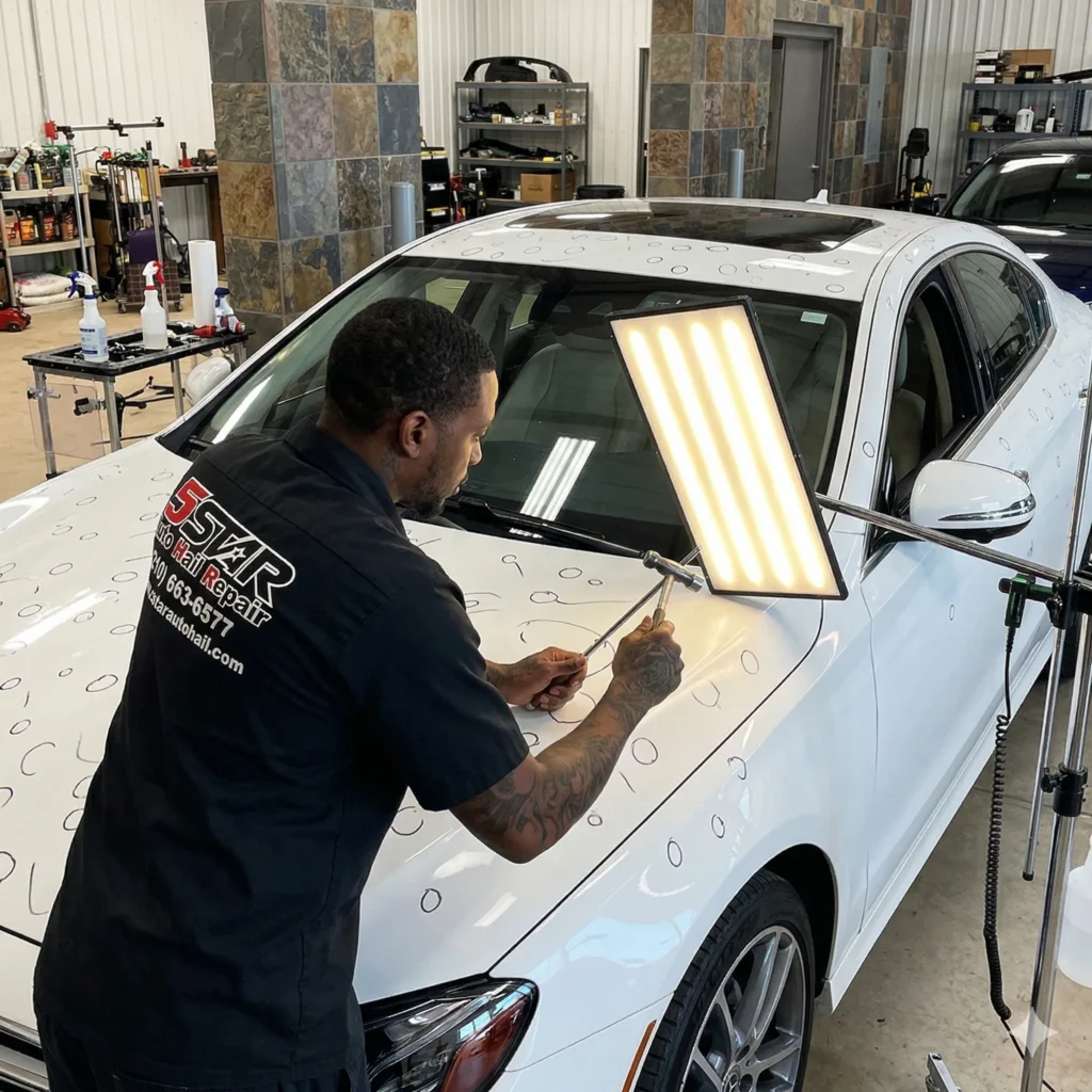 An expert technician fixing dents on a white car representing auto hail damage repair in San Antonio