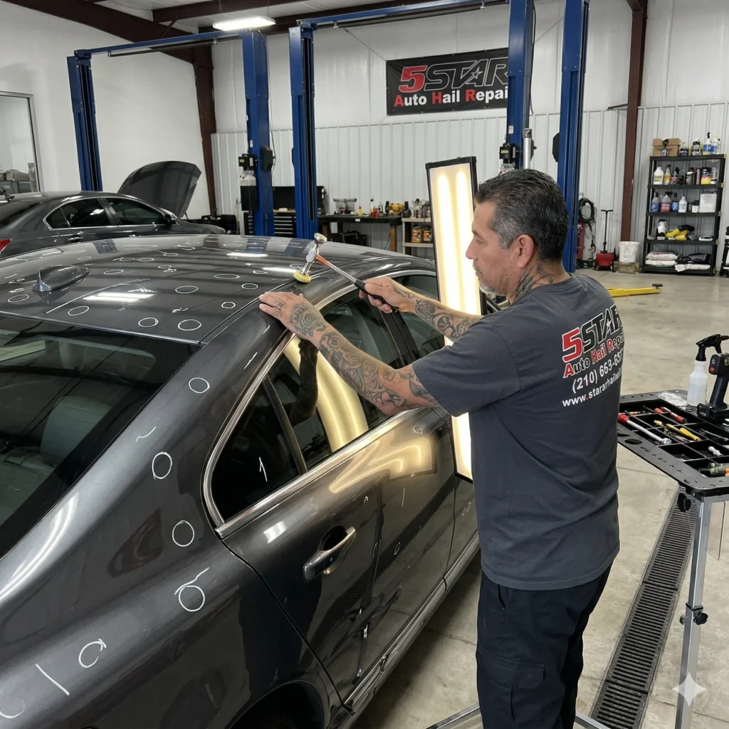 An expert technician fixing dents on a gray car, representing paintless dent repair for hail damage in San Antonio, TX