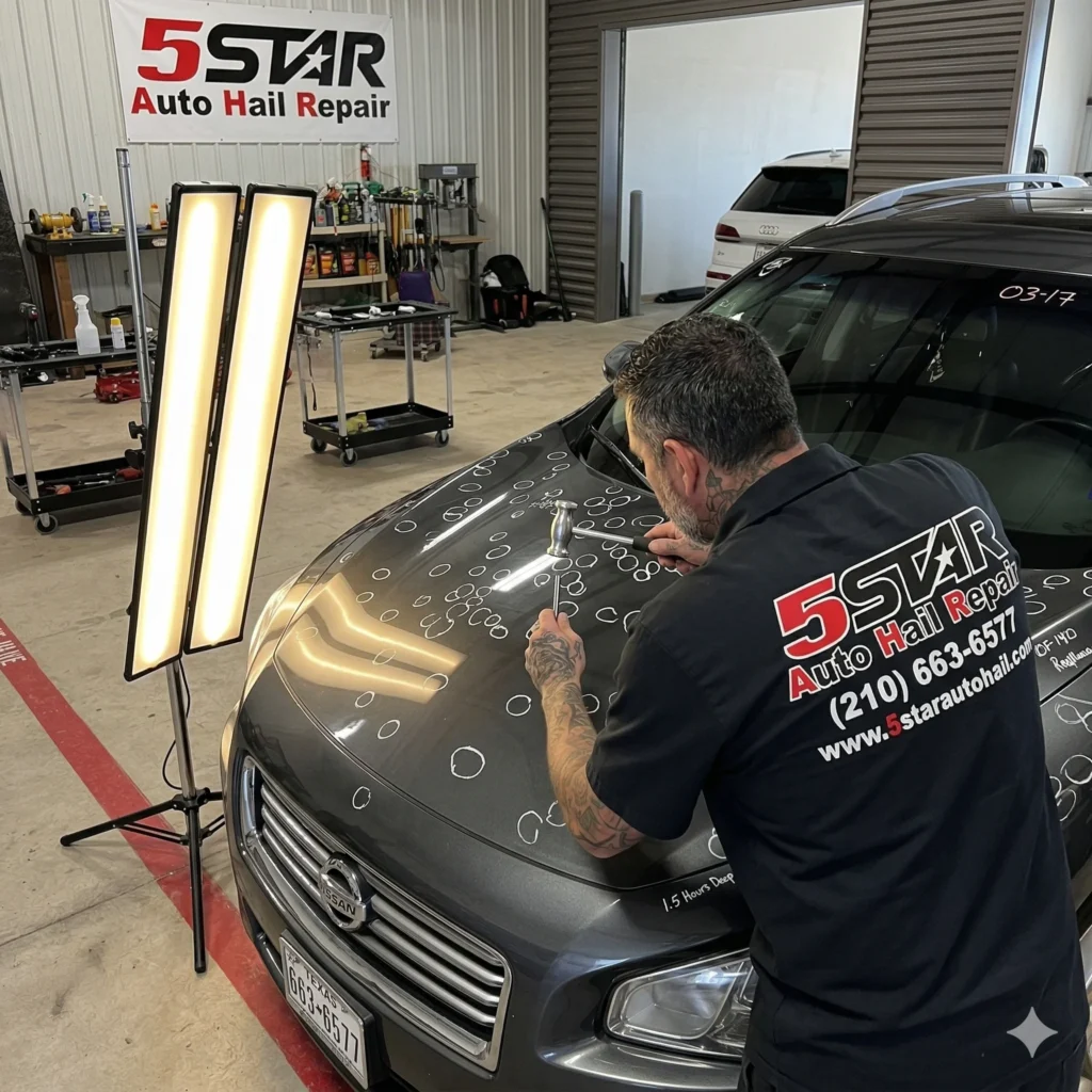 An expert technician fixing a hail damaged car representing PDR in San Antonio