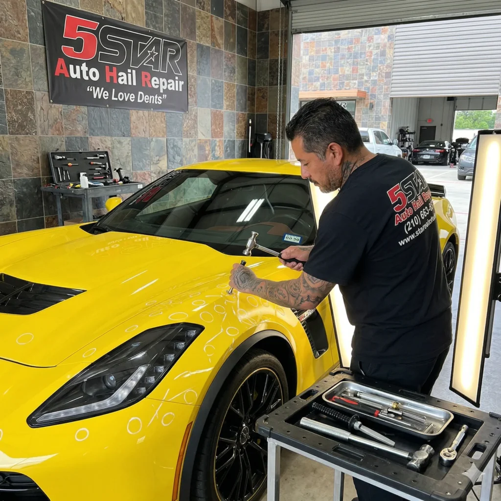 An expert technician fixing dents on a yellow car, representing PDR hail repair in San Antonio