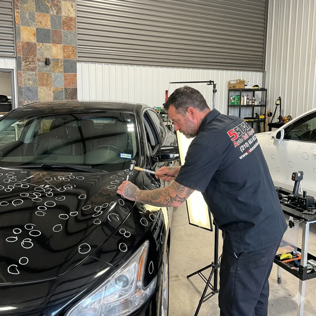 A licensed technician fixing dent on a black car, representing paintless dent repair in San Antonio