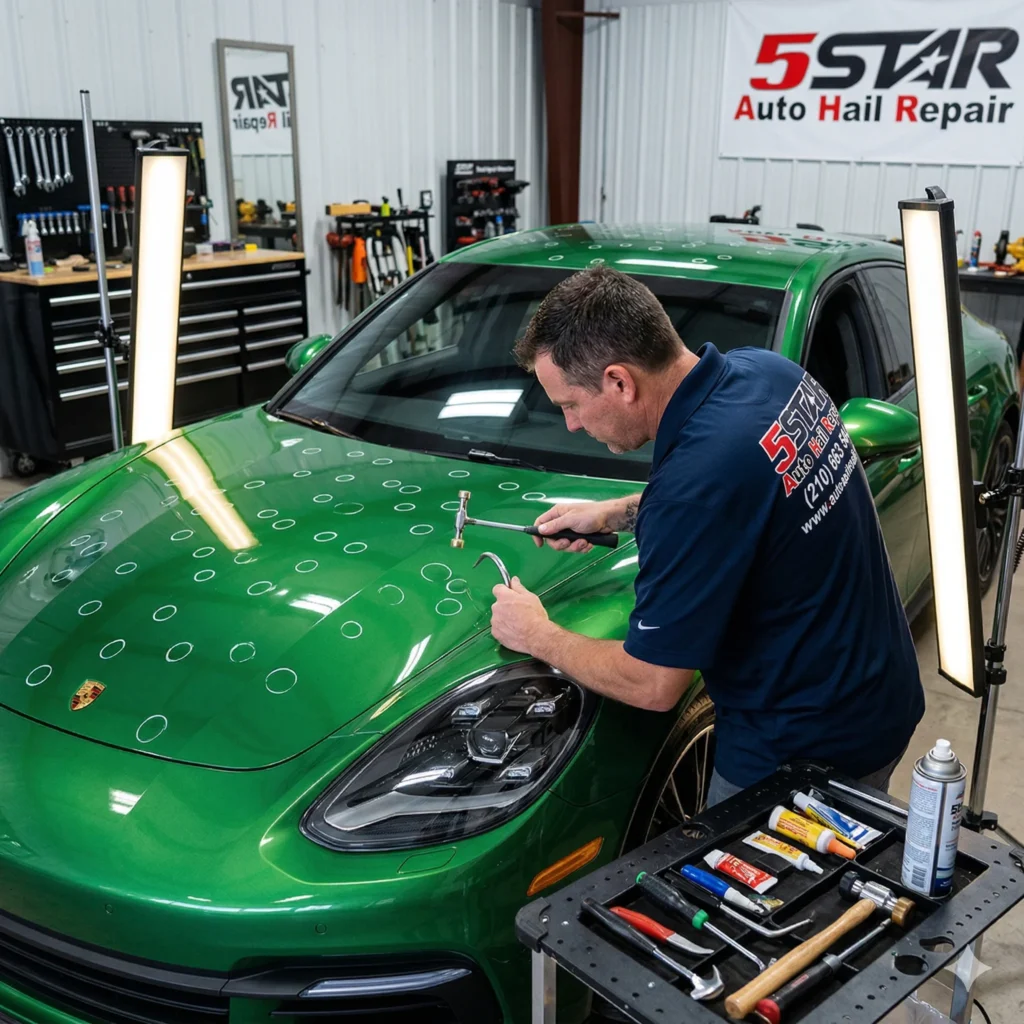 A licensed technician fixing dents on a green car, representing auto hail repair in San Antonio, TX