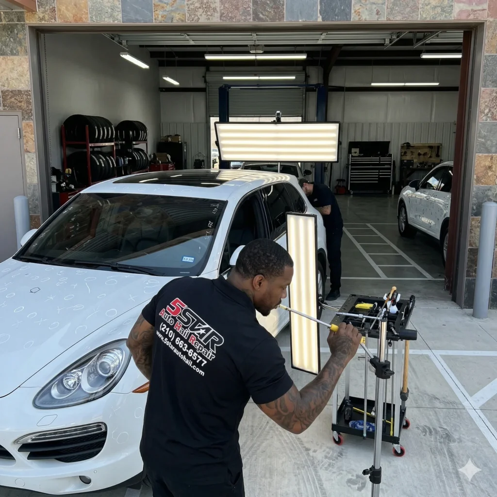 A professional technician repairing a white car representing auto hail damage repair in San Antonio
