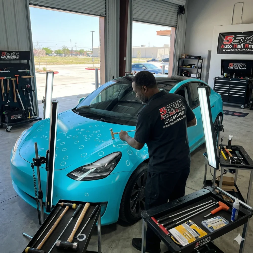A professional technician fixing dents on a car, representing PDR companies in San Antonio, Texas