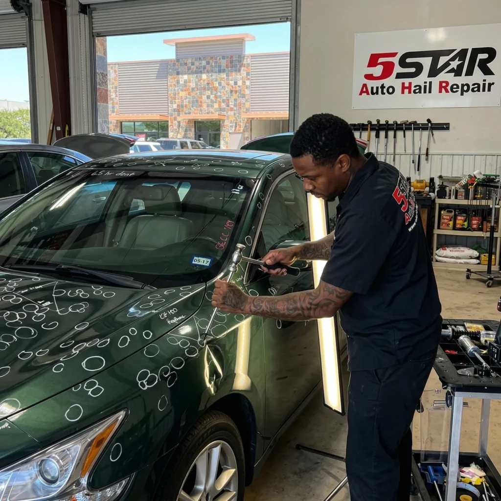 A professional technician fixing dents on a green car, representing auto hail repair in San Antonio, TX