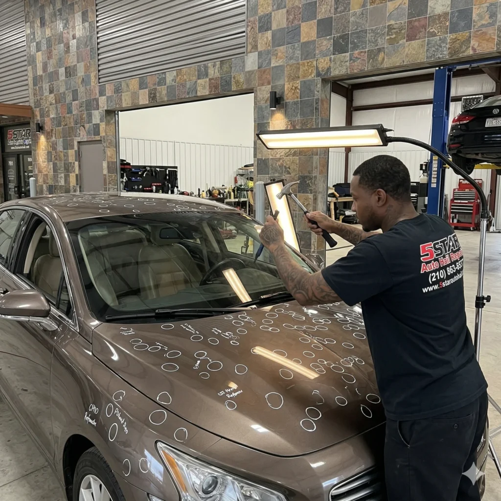 A professional technician fixing dents on a brown car, representing paintless dent repair companies in San Antonio, TX