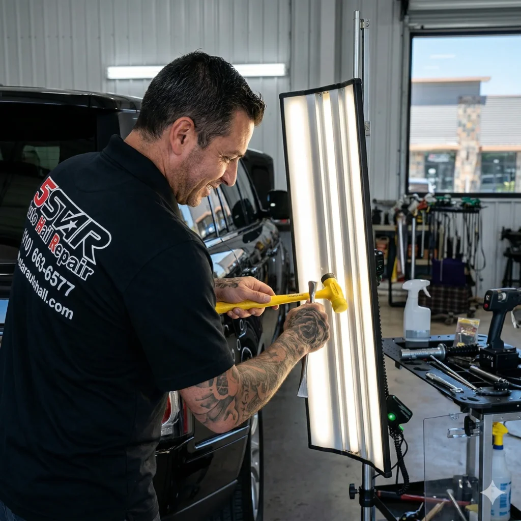 A technician fixing a car with hail damage representing PDR in San Antonio