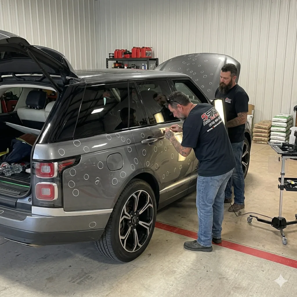 Two technicians fixing dents on a car, representing paintless dent repair for hail damage in San Antonio, TX