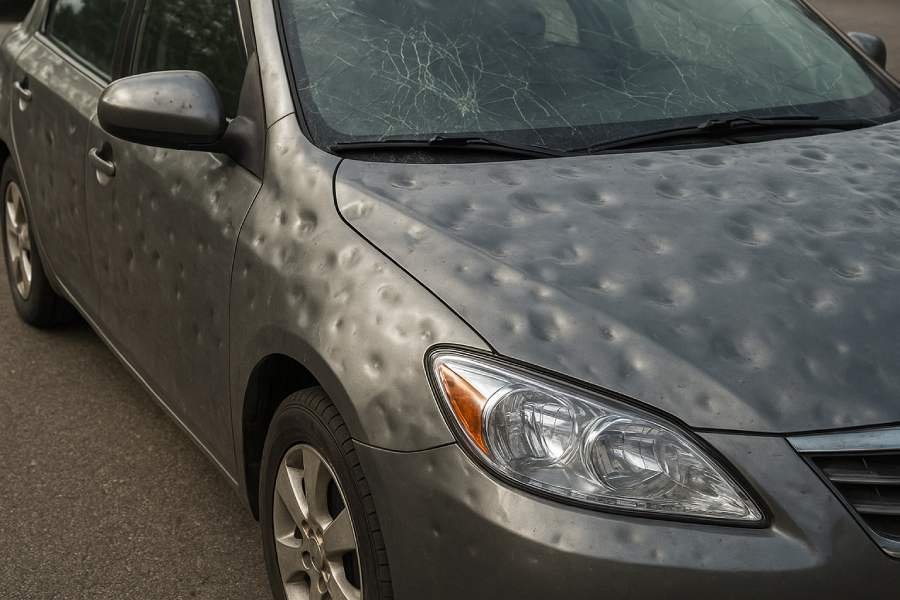 A grey car covered in severe body dings and a cracked windshield after a storm, demonstrating extensive auto body impact needing Paintless Repair Hail Damage.